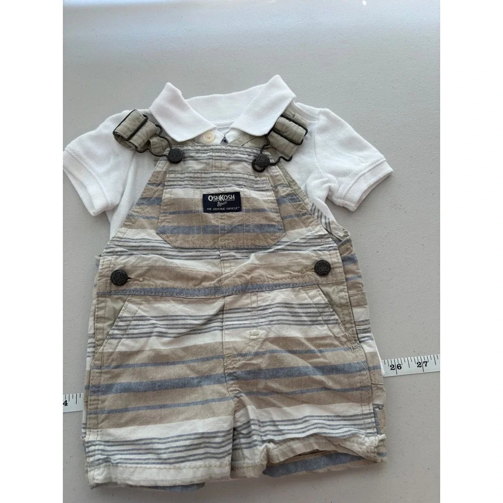 OshKosh Bgosh Baby Boy 6M Striped Overalls and‎ Polo Bodysuit 2pc Set Tan Blue